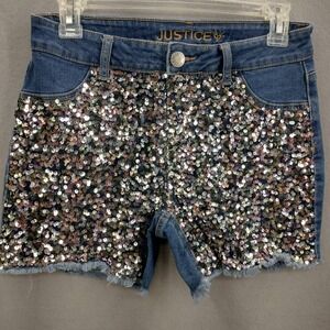 Justice Girls Denim Midi Shorts Colored Sequin Front Frayed Hem Size 16 28W/4L